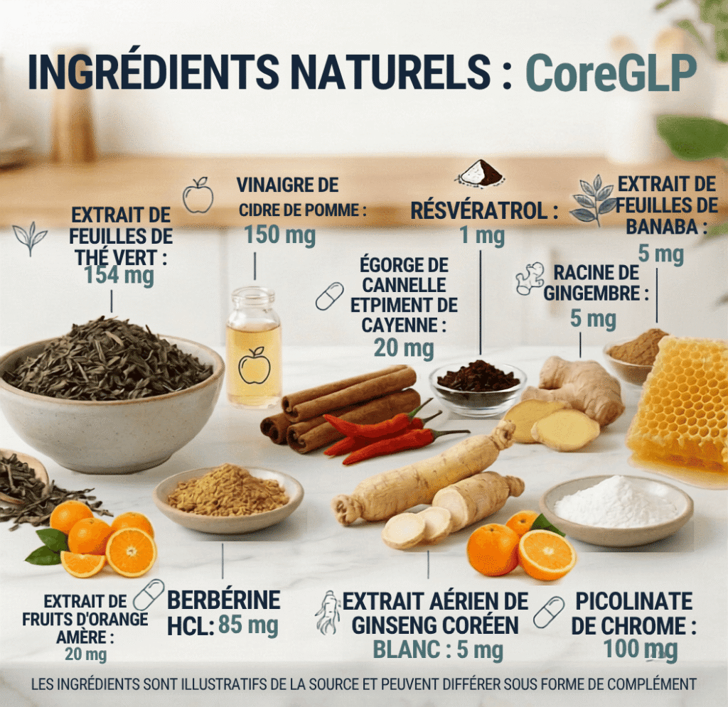 CoreGLP ingrédients – 11 actifs botaniques naturels composition complète